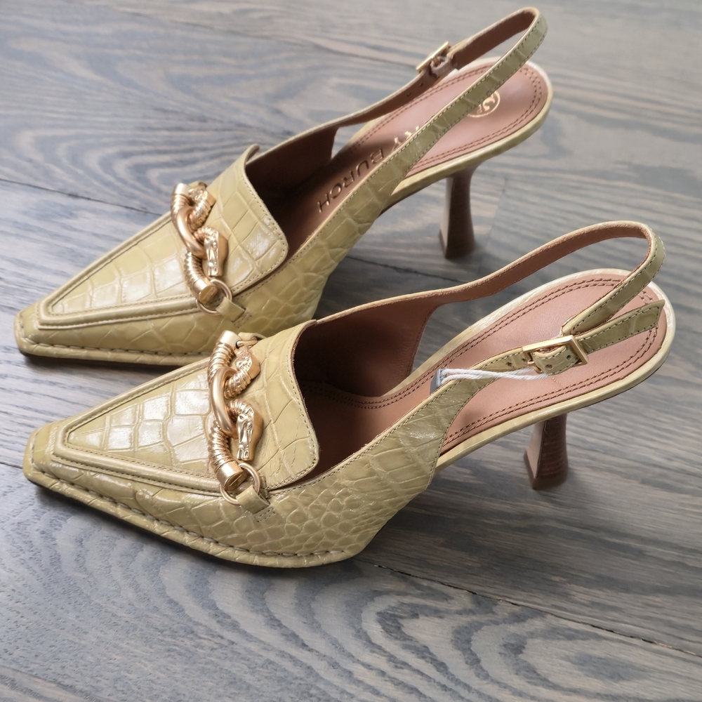 Tory Burch Tan Croc-Embossed Heels with Gold Chain